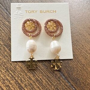Tory Butch Crystal Embellished Pearl Drop Earrings New!